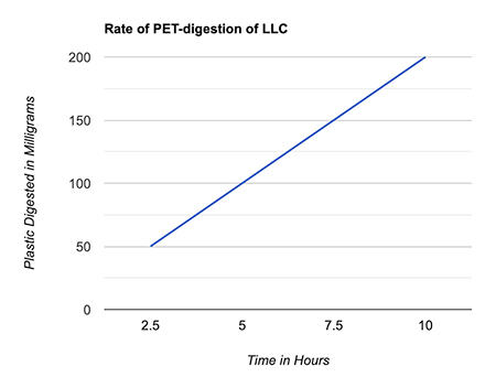 Figura 1. Velocidad a la que la enzima LLC consume el PET en una magnitud de miligramos por hora (creada por la autora JiaJia Fu usando Google Sheets).